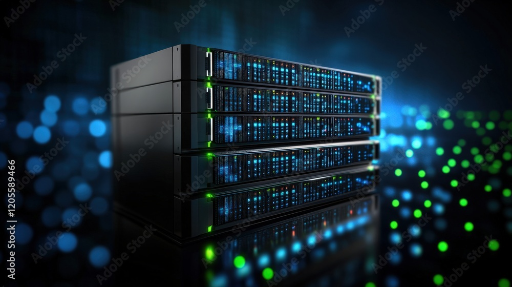 Leinwandbilder Modern Data Center with High-Performance Server Rack Showcasing Multiple LED Indicators and Colorful Data Visualization for Technology and Networking Concepts