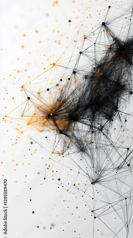 Poster black and orange particles interconnecting, forming dynamic network pattern signaling technological 