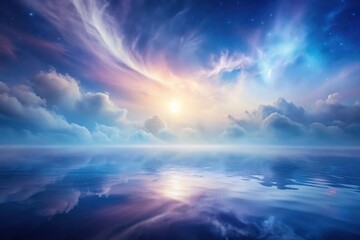 Serene dreamscape A breathtaking celestial sunset over a calm ocean, reflecting the vibrant colors of the sky and clouds, creating a captivating and peaceful atmosphere.