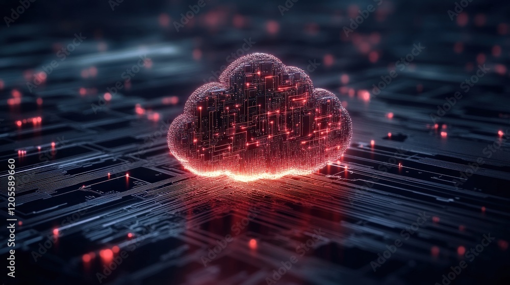 Poster Digital cloud concept with glowing data particles on a circuit board, showcasing technology and data storage innovation in a modern, abstract design.