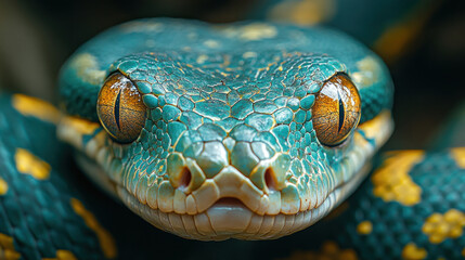 Fototapeta premium A close-up of the snake's head is shown with scaly skin, executed in rich turquoise and yellow tones. 