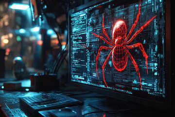 computer monitor with a red neon spider on the screen symbolizing a virus or threat in a digital system. 