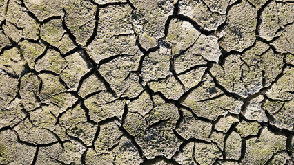Top view of cracked earth surface due to drought in a river bed as a serious indicator of the global warming