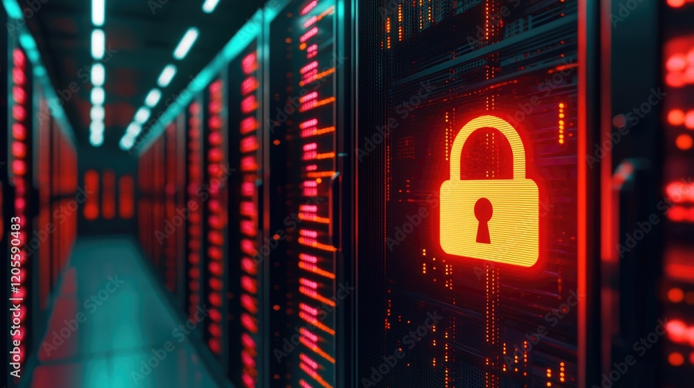 Poster digital lock symbol on server in a secure data center environment.