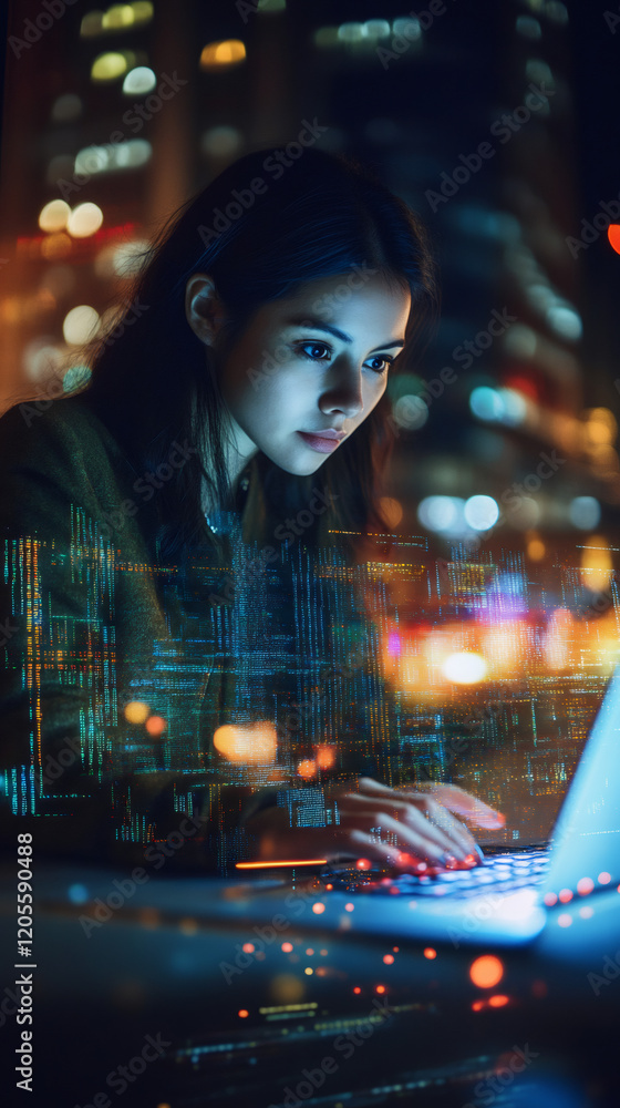 Fototapete young woman working late at night on a computer with source code overlay and defocused city lights i