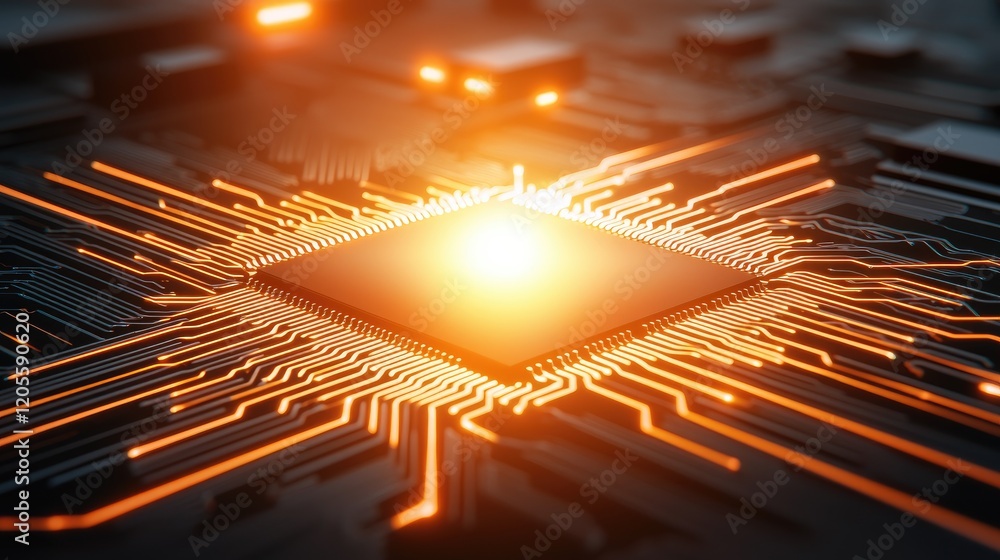 Poster high-tech close-up of a glowing microprocessor on a circuit board.