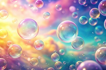Naklejka premium Ethereal iridescent bubbles float amidst a vibrant sunset sky, creating a magical and whimsical atmosphere.