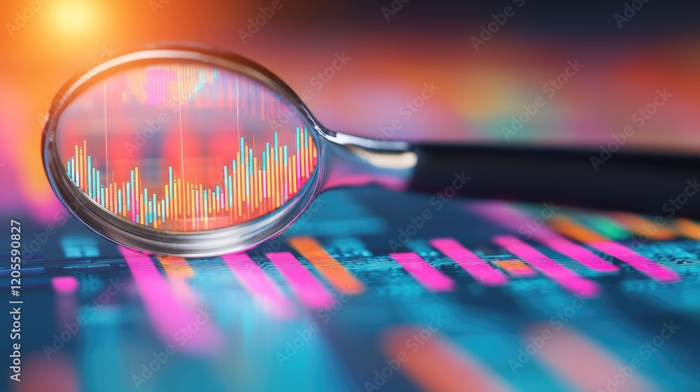 Poster magnifying glass over colorful data visualization and charts.