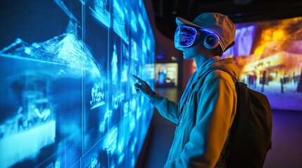 A traveler exploring digital archives and historical simulations in a virtual museum, with holographic exhibits and interactive guides, Virtual museum scene