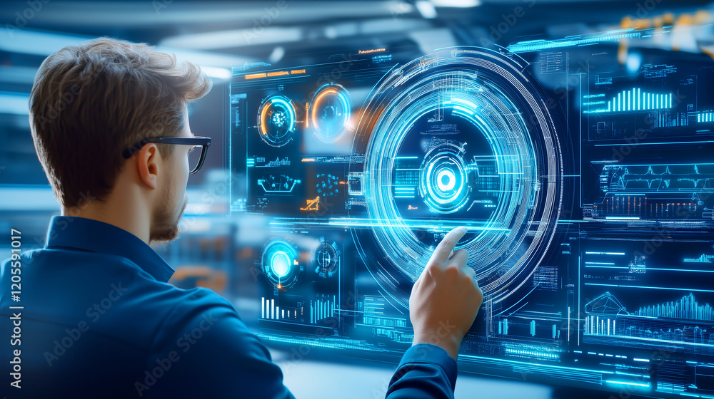 Poster man interacting with futuristic interface in high-tech setting