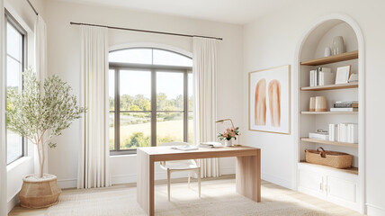 bright and airy contemporary home office featuring wooden desk, stylish decor, and large windows with view of nature. space exudes tranquility and productivity