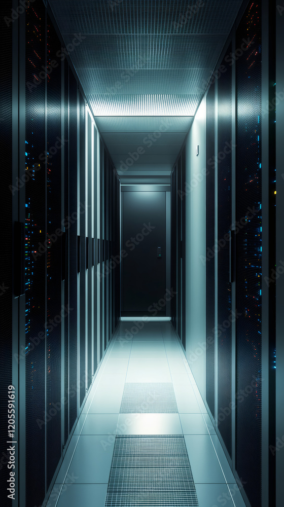 Poster Long corridor in a server room with many racks and flashing lights, closed door at the end of the corridor