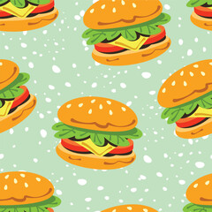 Seamless pattern cartoon of hamburger funny. Kawaii fast food. Pattern design for children fabric, wrapping paper, wallpaper and fashion prints.