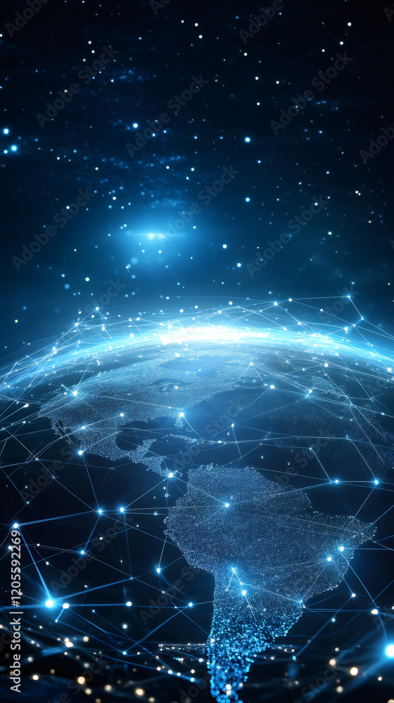 Poster Digital world map with network connections covering America, rotating in space, with stars and nebulae in the background