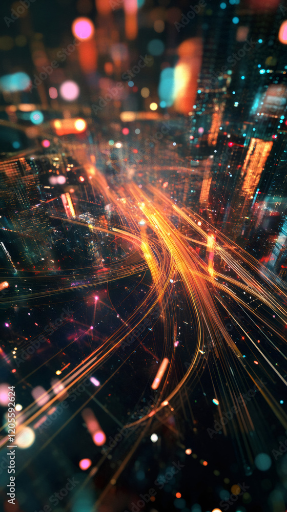 Poster Light trails and colorful bokeh creating a network over a futuristic city at night, symbolizing data transmission and connectivity in a smart city