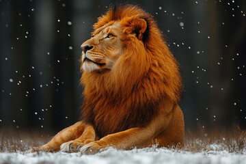 Majestic Lion Resting in Winter Snow