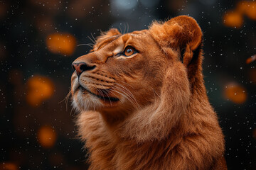 Naklejka premium Young Lion Gazing Upwards In Falling Snow