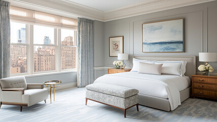 modern bedroom featuring large bed, elegant decor, and city views. soft color palette and stylish furniture create serene and inviting atmosphere
