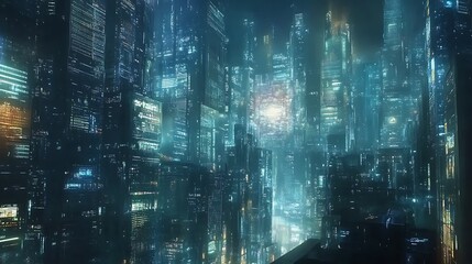 Naklejka premium Futuristic Cityscape at Night with Glowing Towers