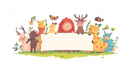 Wide Angle Funny Animals Farm with Blank Banner for Creative Designs