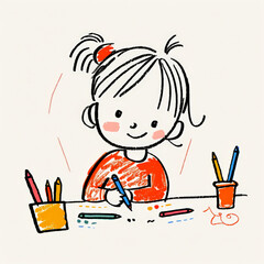 girl practicing her letters with smile, surrounded by colorful pencils