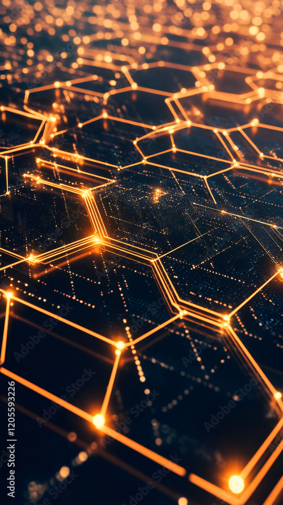 Aufkleber orange light forming an hexagonal grid on a dark background, representing a futuristic network