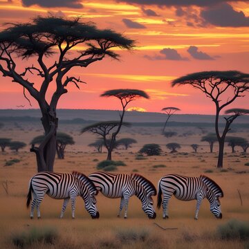 Zebras in the African savanna against the backdrop of beautiful sunset
