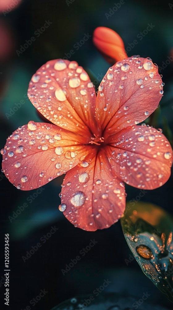 Poster blooming flower adorned with raindrops sparkling under sunlight in close-up view. generative ai