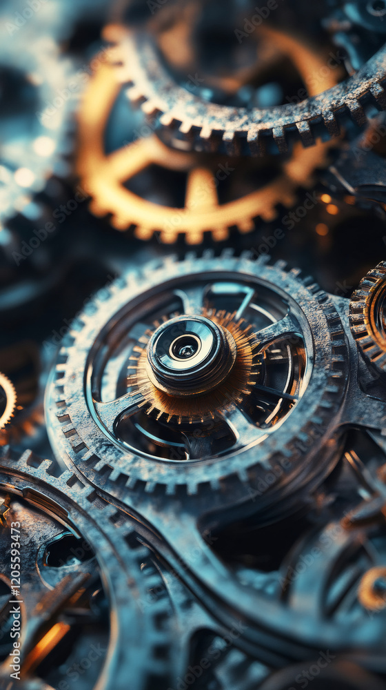 Poster interlocking metal gears form a complex mechanism, showcasing industrial precision and engineering