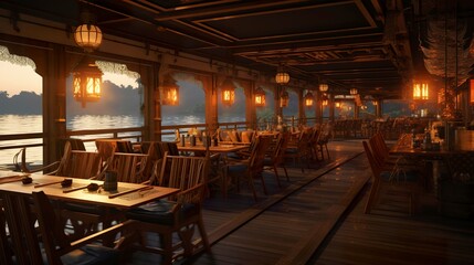 Fototapeta premium A photo of a floating restaurant interior with water