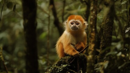 Fototapeta premium A Golden Langur Monkey perched on mossy branch in its natural jungle habitat with a soft focused background