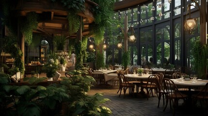 Fototapeta premium A photo of a garden terrace restaurant interior