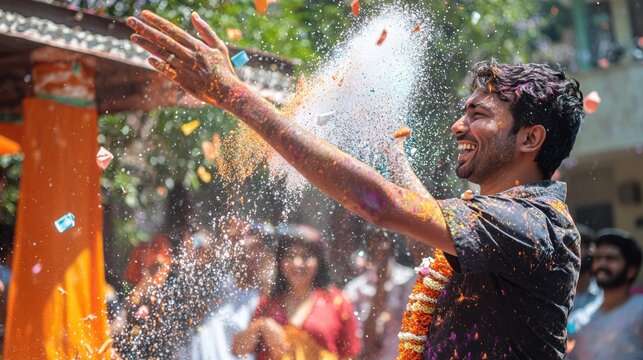 A man is throwing confetti and laughing