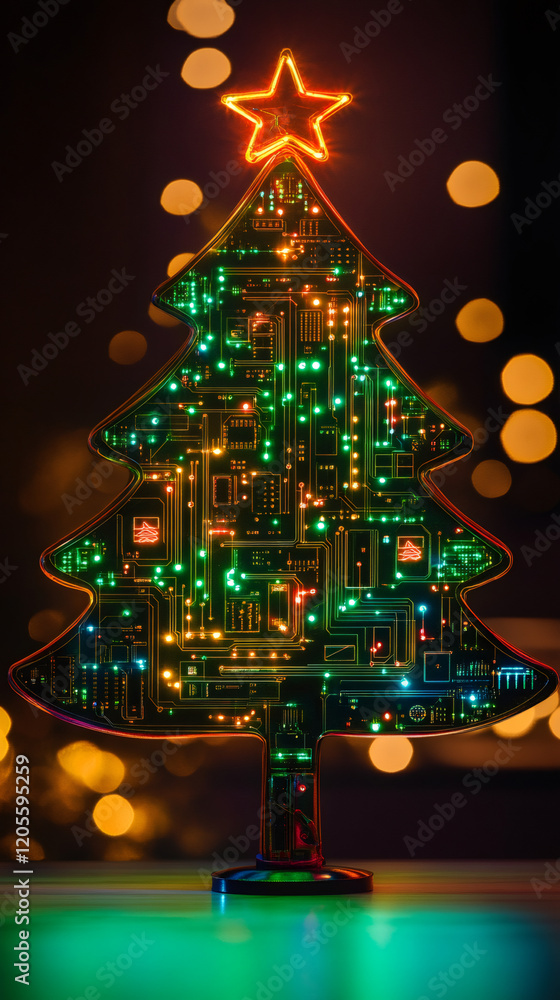 Poster circuit christmas tree with a bright star and colorful lights, creating a festive atmosphere for the