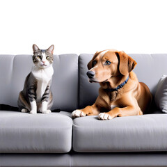 A cute dog and cat sitting together on a couch, showing a heartwarming moment of friendship between pets