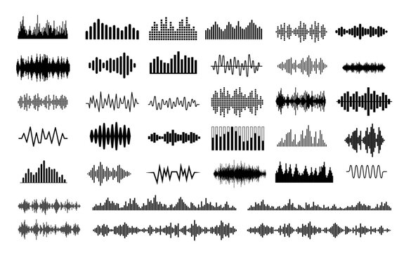 Audio waves vector collection - Set of audio music illustration graphics and symbols showing spectrum waveform and various equaliser icons and elements in black colour on white background