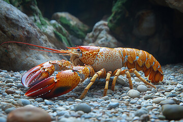 Colorful Lobster Crawling on Gravel Substrate