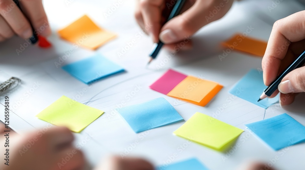 Poster Collaborative brainstorming session focused on idea generation and organization using colorful sticky notes and pencils on a whiteboard or paper surface.