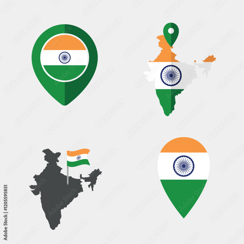 Poster india flag map pointer set, symbols of the flag of republic of india