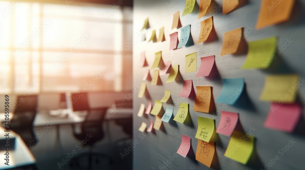 Poster colorful sticky notes on a wall in a modern office workspace, showcasing creative ideas and project 