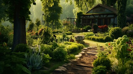 A photo of a lush green herbal garden