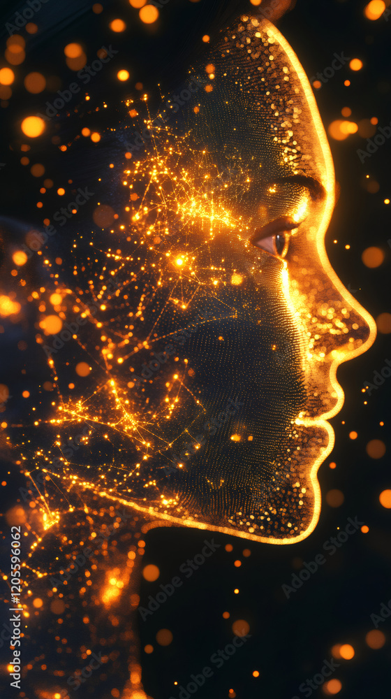 Aufkleber side view portrait of a face consisting of glowing dots and lines, representing artificial intellige