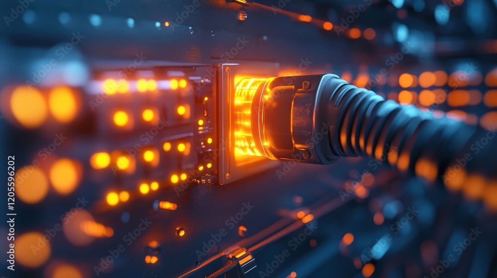 Poster Close-Up View of a Brightly Illuminated Fiber Optic Cable Connector Plugged into a High-Tech Network Switch in a Data Center Environment