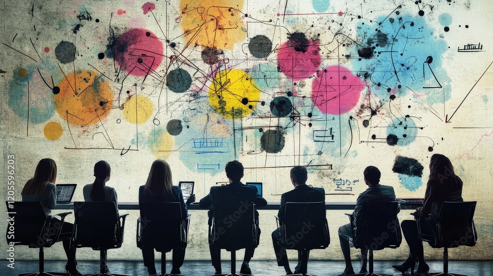 Poster Group of Professionals Engaged in Creative Discussion in Front of Abstract Art Mural with Colorful Circles and Lines, Representing Innovation and Teamwork