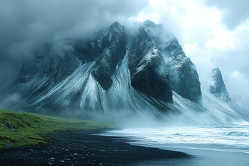 Majestic Mountain shrouded in Mist overlooking Ocean Beach