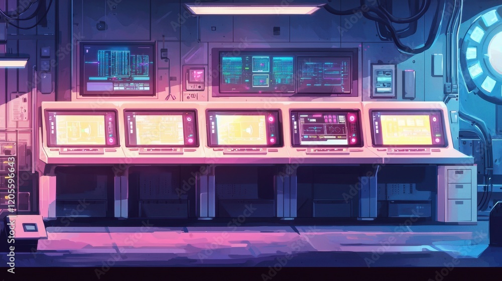 Poster a computer room with four computer monitors and a clock