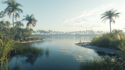 Obraz premium Tropical lagoon sunrise, calm water, palm trees, misty background, idyllic travel scene