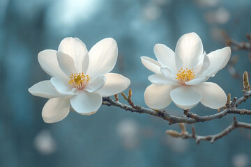 Two White Magnolia Blossoms on a Branch