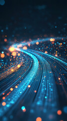 Abstract background showing blue and orange particles flowing in cyberspace, representing big data, internet speed, and futuristic technology