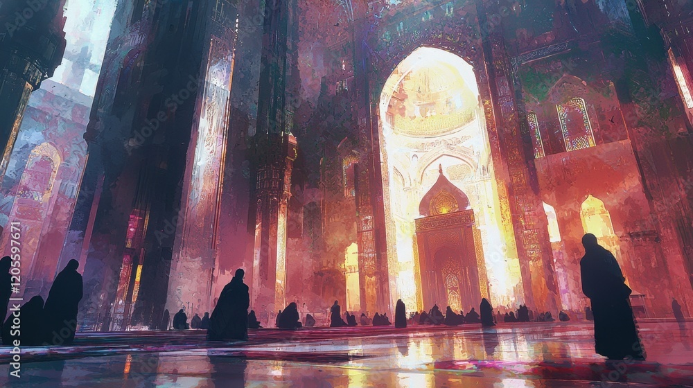 Poster a painting of a large building with a large archway and many people inside